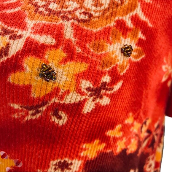 Pierre Cardin Red Floral Beaded Sequin Top Boho Y2K Vintage Festival Large - Picture 9 of 9